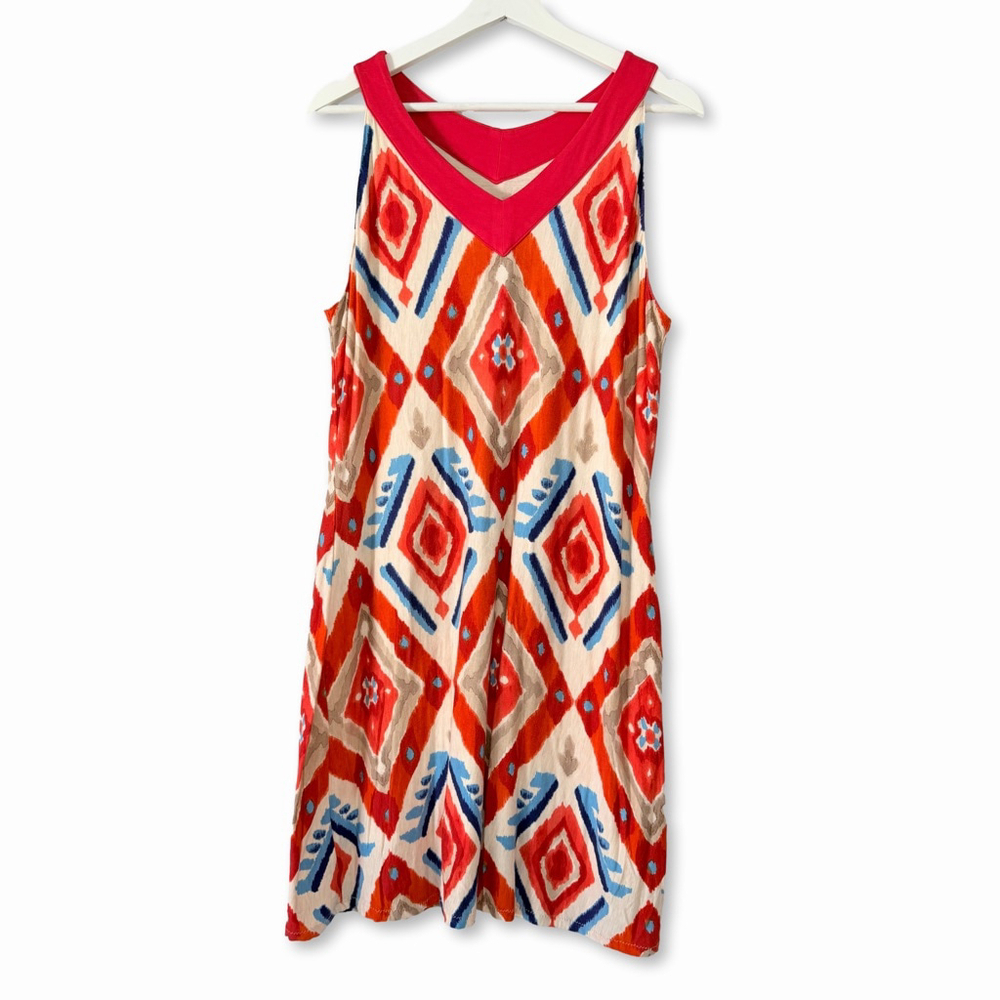 Chicos Ikat Print V Neck Sleeveless Dress Large